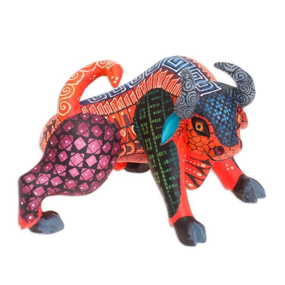 Hand-Painted Wood Bull Alebrije Figurine in Red and Blue 'Little Red Bull'