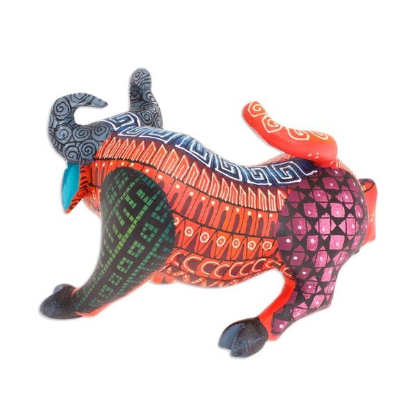 Alternate image for Hand-Painted Wood Bull Alebrije Figurine in Red and Blue Little Red Bull