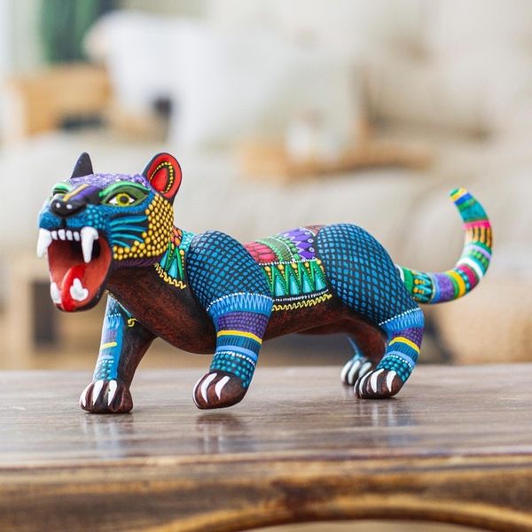 Alternate image for Handcrafted Ceramic Alebrije Figurine of Colorful Jaguar Ferocious Cyan