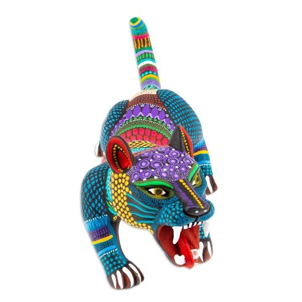 Alternate image for Handcrafted Ceramic Alebrije Figurine of Colorful Jaguar Ferocious Cyan