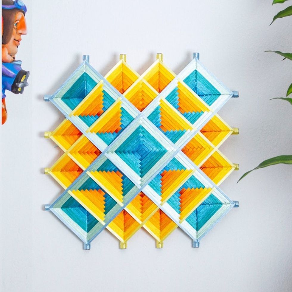 Pine Wood Handwoven Marigold Wall Art with Geometric Motifs 'Marigold Divinity'