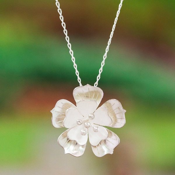 Alternate image for Matte and Polished 925 Silver Peach Blossom Pendant Necklace Peach Blossom Beauty