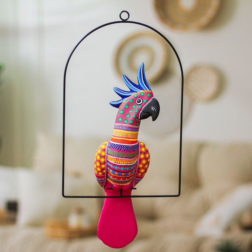 Handmade Ceramic Alebrije Pink Cockatoo Sculpture with Base 'Eden Feathers in Cerise'