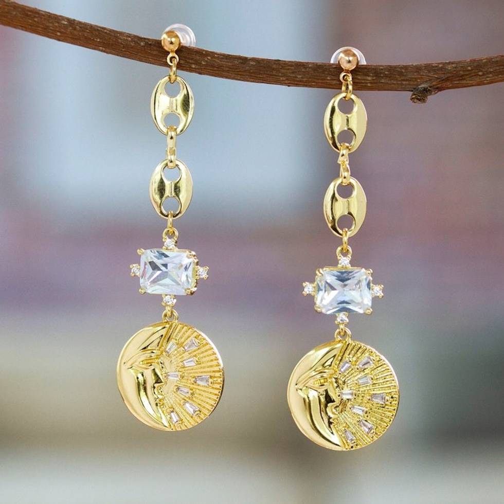 Moon and Star-Themed 24k Gold-Plated Dangle Earrings 'Crescent Cosmos'