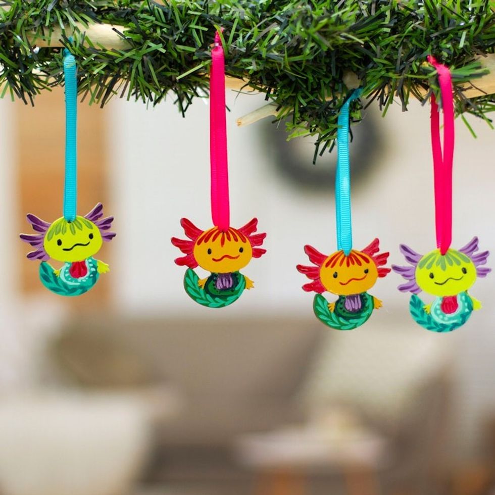 Set of 4 Hand-Painted Colorful Wood Axolotl Ornaments 'Aquatic Friend'