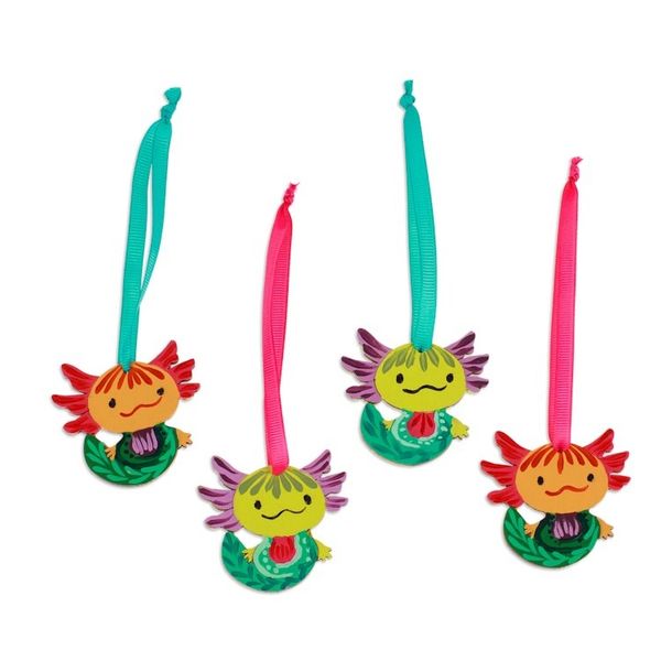 Alternate image for Set of 4 Hand-Painted Colorful Wood Axolotl Ornaments Aquatic Friend