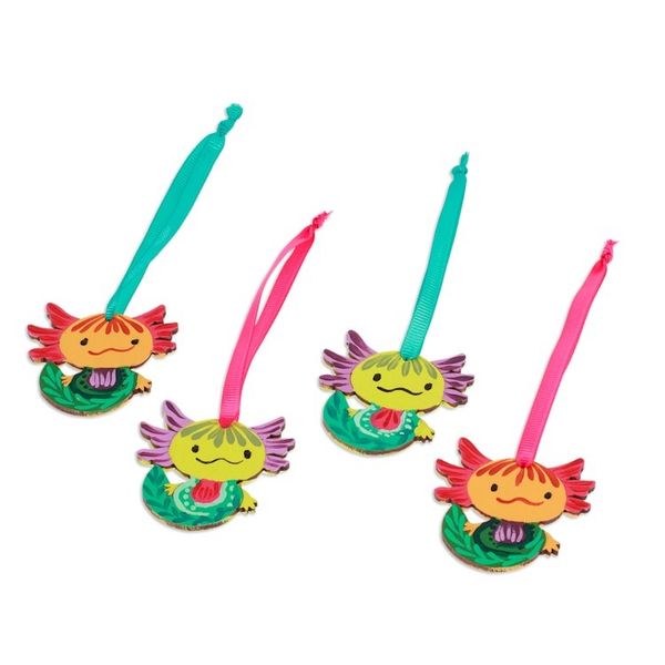Alternate image for Set of 4 Hand-Painted Colorful Wood Axolotl Ornaments Aquatic Friend