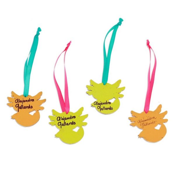 Alternate image for Set of 4 Hand-Painted Colorful Wood Axolotl Ornaments Aquatic Friend