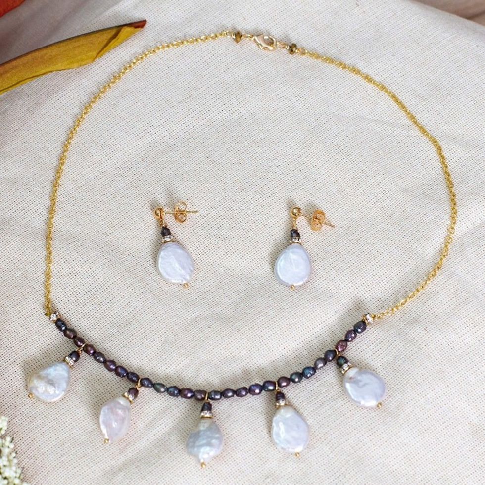 14k Gold-Plated Silver-White and Lavender Pearl Jewelry Set 'Oceanic Empress'