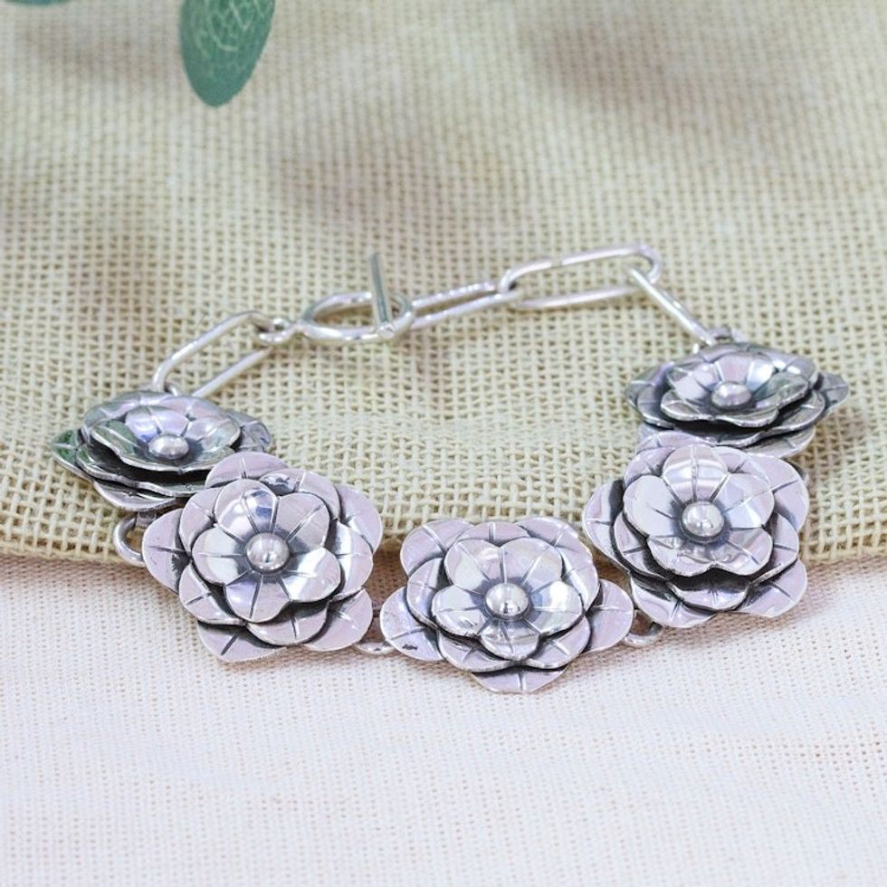 High-Polished Floral Sterling Silver Link Bracelet 'Divine Blossoming'