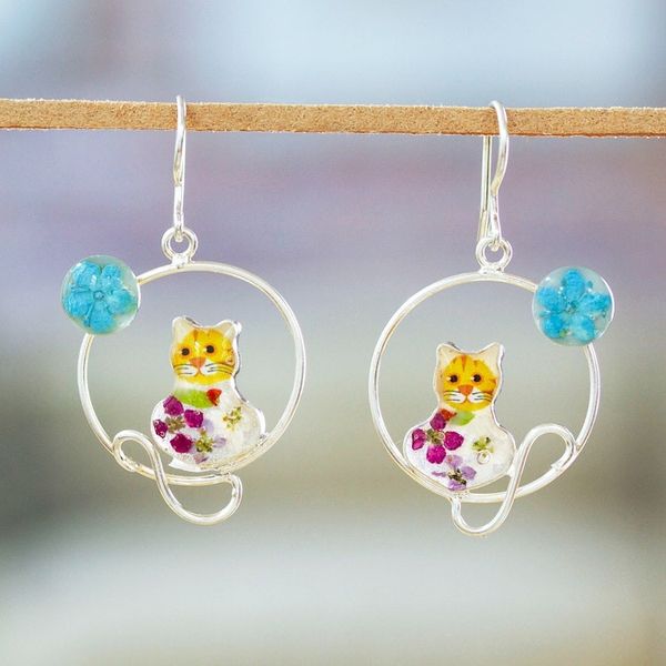 Alternate image for Moon and Cat-Themed Natural Flower Round Dangle Earrings Lunar Feline