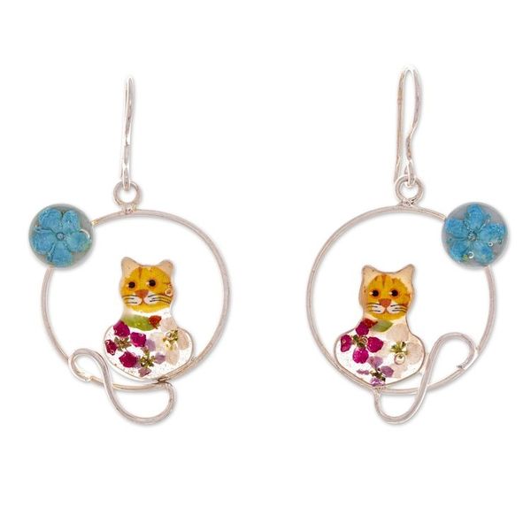 Alternate image for Moon and Cat-Themed Natural Flower Round Dangle Earrings Lunar Feline