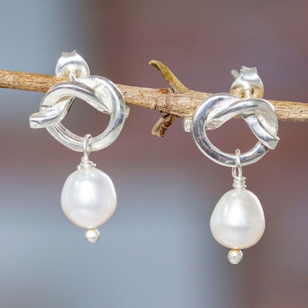 Polished Sterling Silver Dangle Earrings with White Pearls 'Pearly Knots'