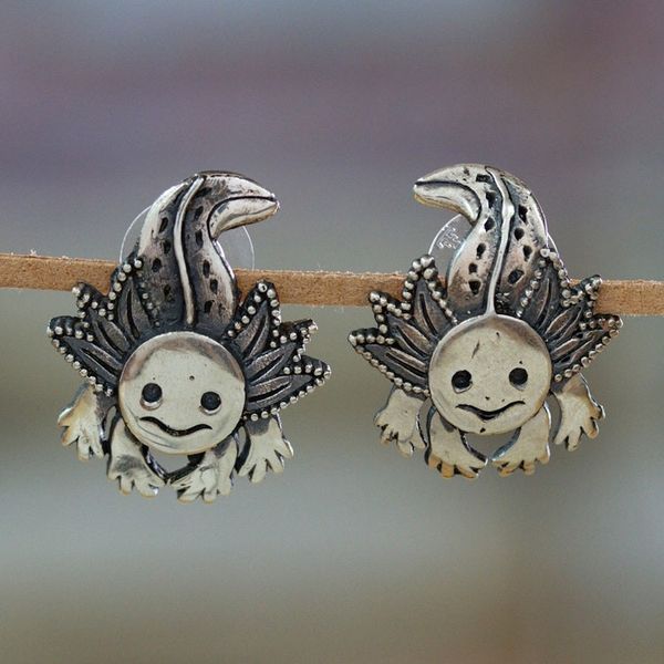 Alternate image for Polished and Oxidized Sterling Silver Axolotl Earrings Axolotl Spirit