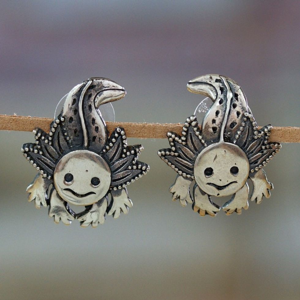 Polished and Oxidized Sterling Silver Axolotl Earrings 'Axolotl Spirit'