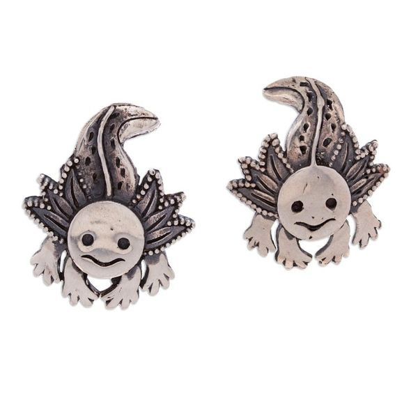 Alternate image for Polished and Oxidized Sterling Silver Axolotl Earrings Axolotl Spirit