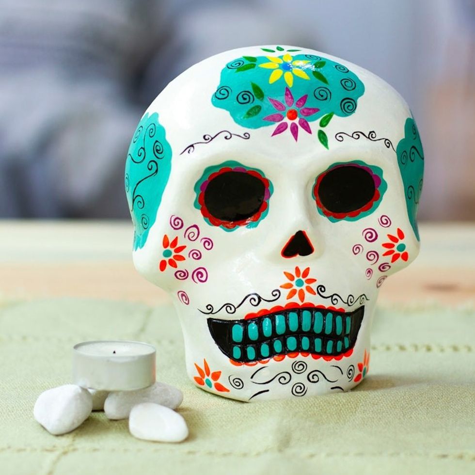 Floral Turquoise Day of the Dead Skull Ceramic Wall Art 'Face of the Calm Underworld'