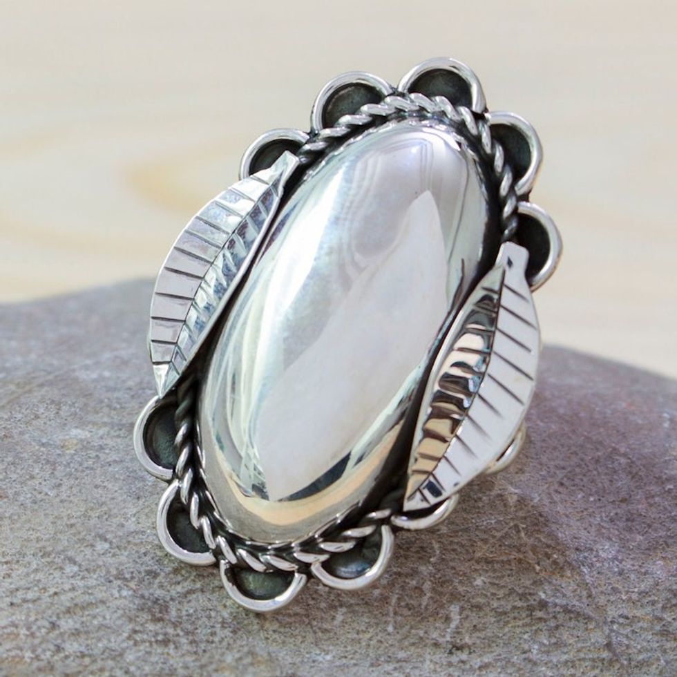 Taxco Sterling Silver Wrap Ring with Floral and Leaf Motif 'Contemporary Nature'