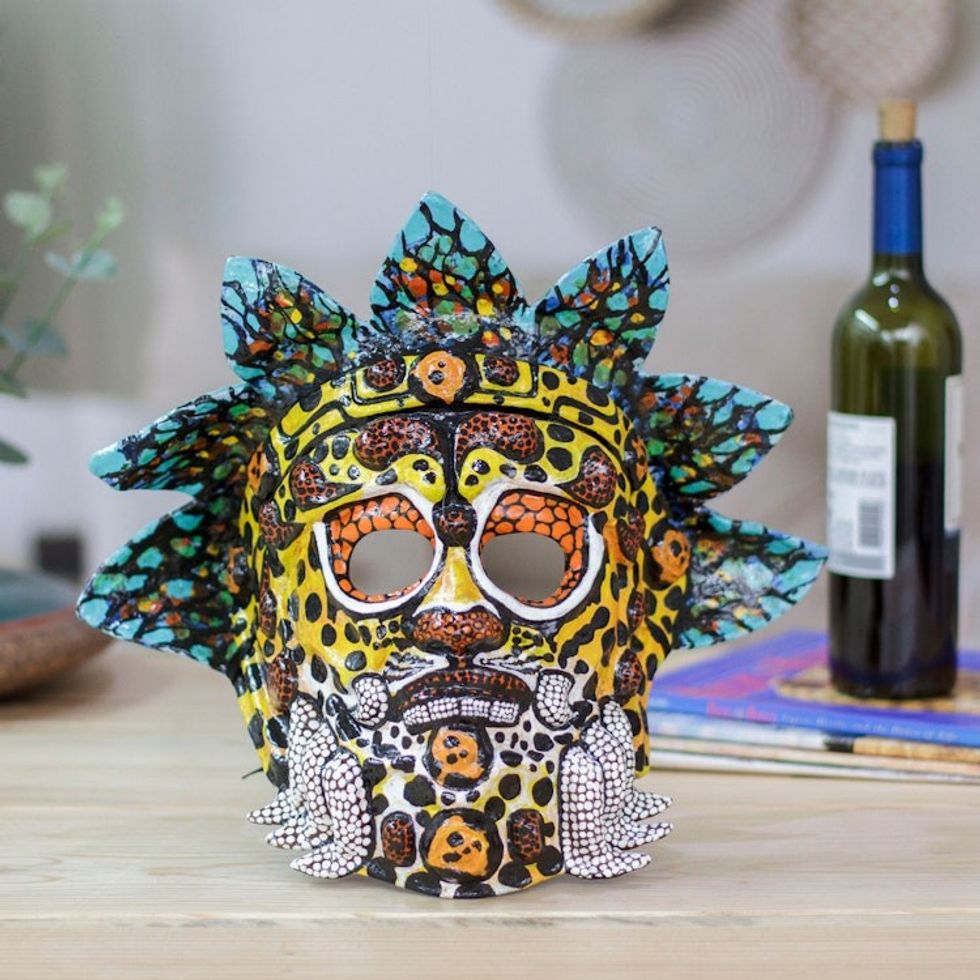 Lacquered Hand-Painted Papier Mache Mexican God of Fire Mask 'Huehueteotl'