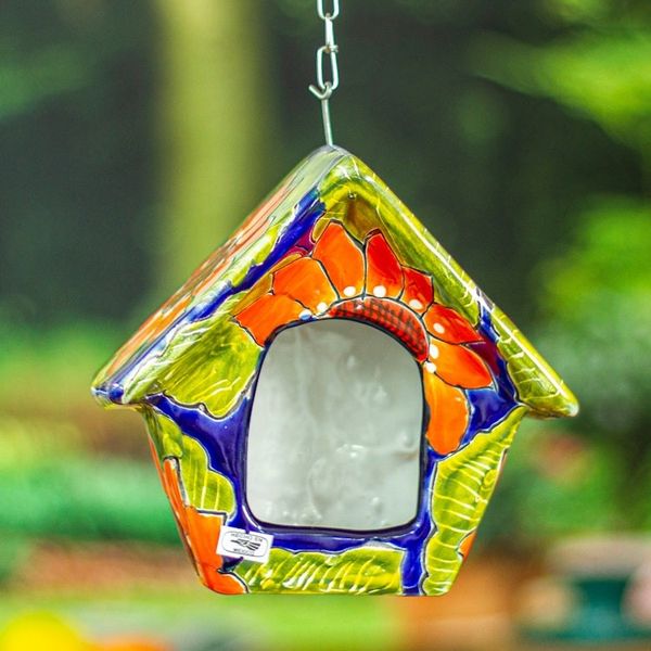 Alternate image for Hand-Painted Talavera Ceramic Bird Feeder in Green and Blue Lime Arcadia
