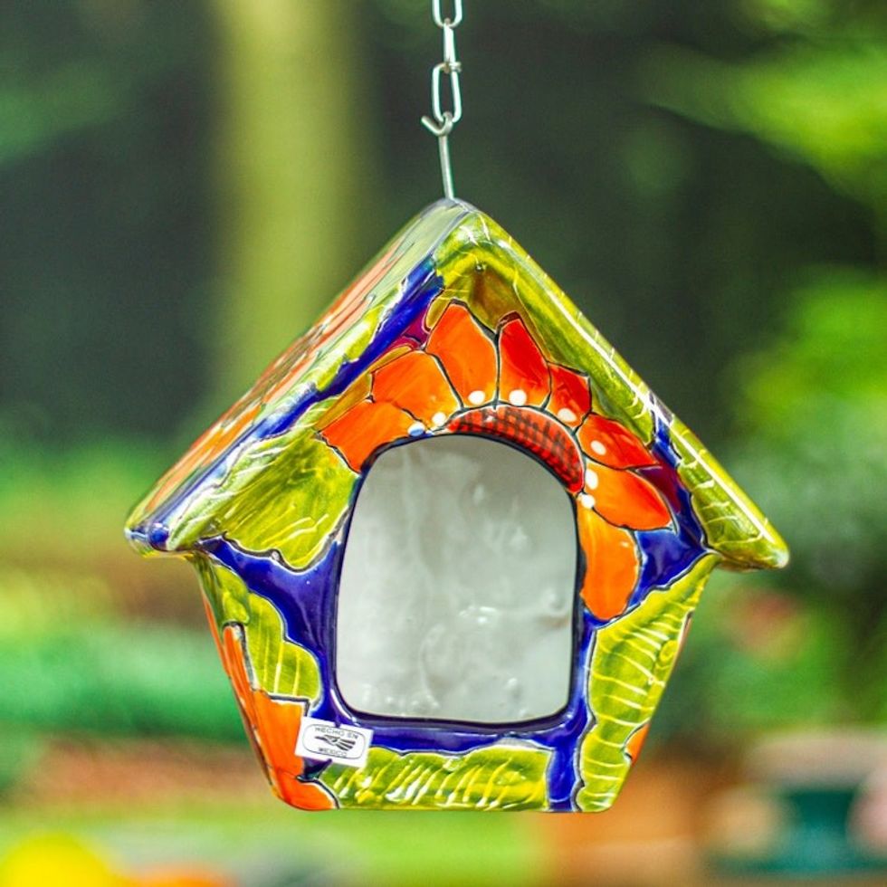 Hand-Painted Talavera Ceramic Bird Feeder in Green and Blue 'Lime Arcadia'