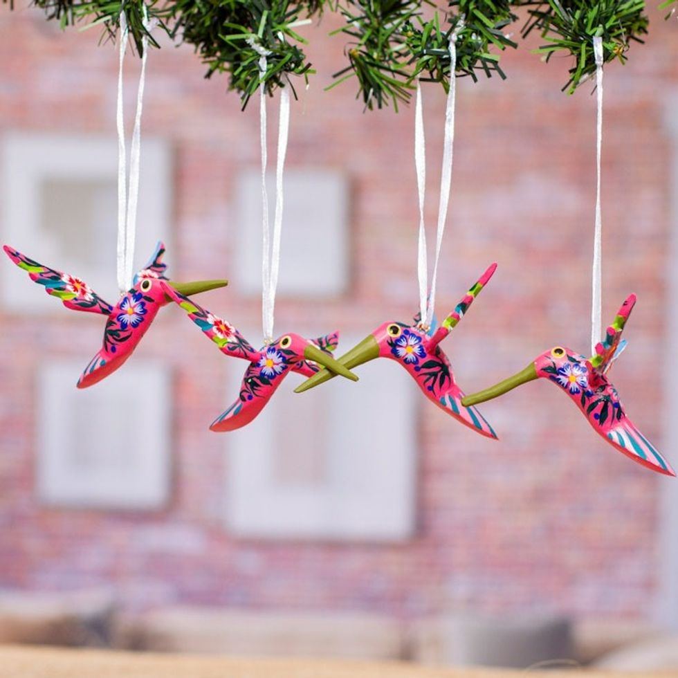 Set of 4 Handcrafted Copal Wood Bird Ornaments in Carmine 'Carmine Flutter'