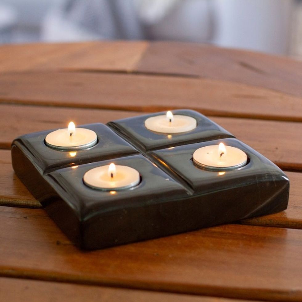 Black Natural Onyx Tealight Candleholder Crafted in Mexico 'Sparkles Mystery'