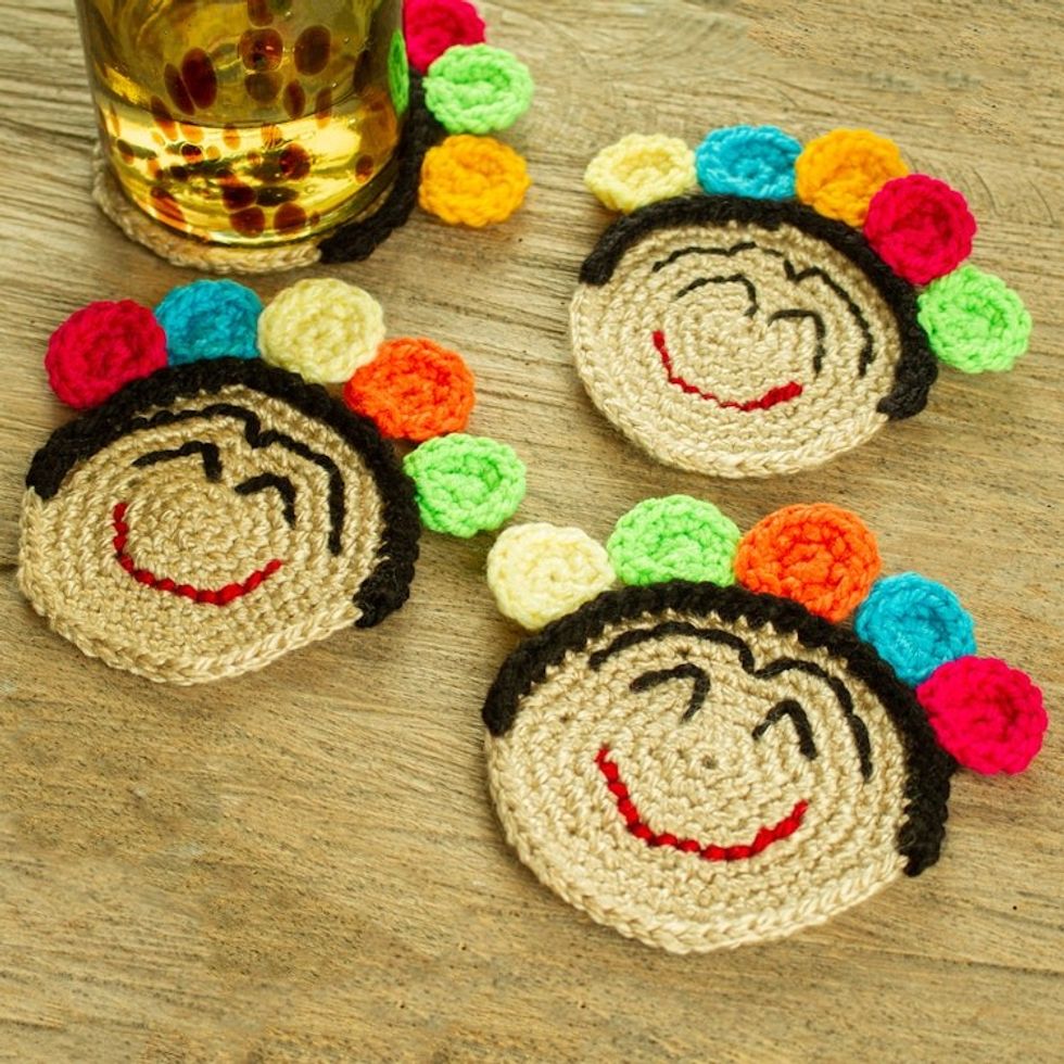 Set of 4 Frida Kahlo Crocheted Coasters from Mexico 'Festive Frida'