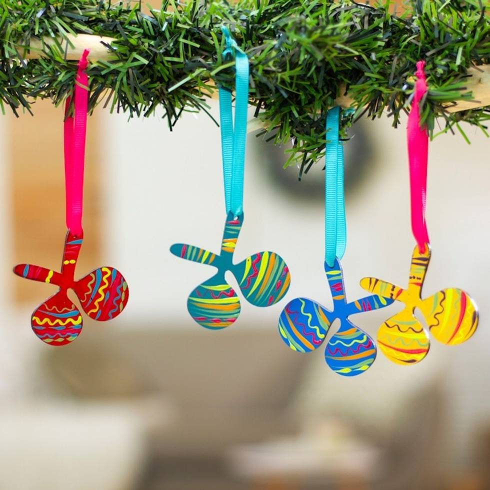 Colorful Set of 4 Hand-Painted Maracas Themed Wood Ornaments 'Festive Maracas'