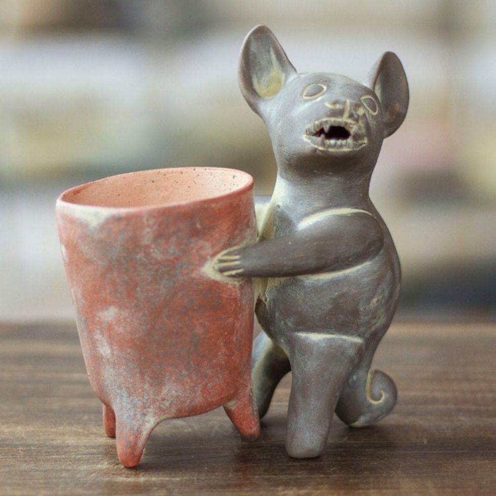 Handcrafted Ceramic Mexican Pre-Hispanic Dog Figurine 'Colima Dog with Vase'