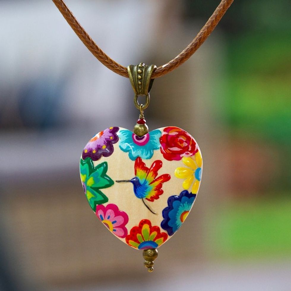 Hand-Painted Bird-Themed Pinewood Pendant Necklace 'Hummingbird Realm'