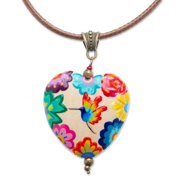 Alternate image for Hand-Painted Bird-Themed Pinewood Pendant Necklace Hummingbird Realm