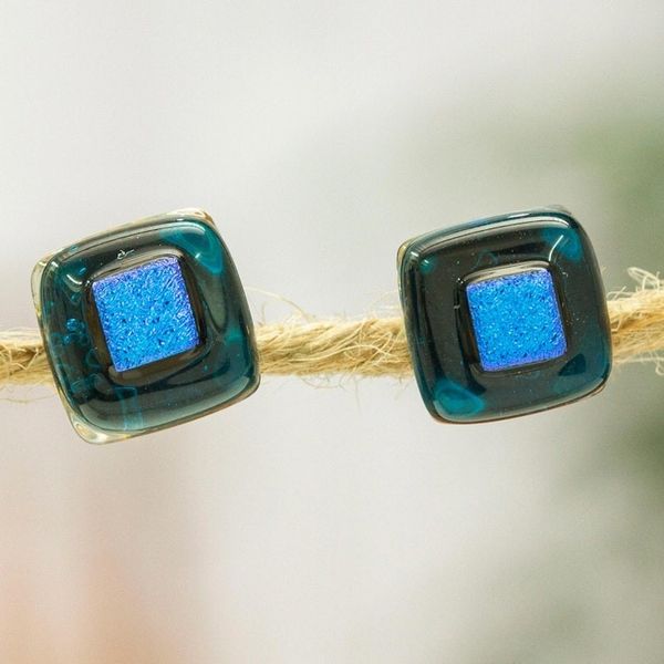 Alternate image for Blue Fused Glass Mosaic Stud Earrings Handmade in Mexico Blue Dichroic