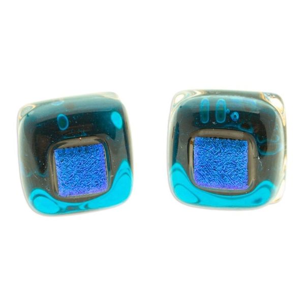 Alternate image for Blue Fused Glass Mosaic Stud Earrings Handmade in Mexico Blue Dichroic