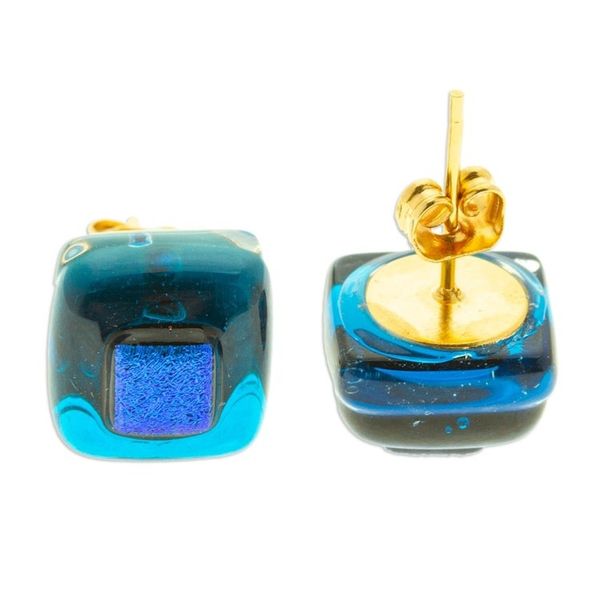 Alternate image for Blue Fused Glass Mosaic Stud Earrings Handmade in Mexico Blue Dichroic