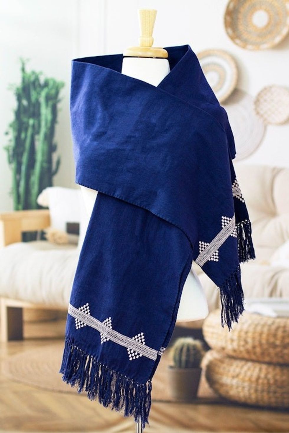 Blush Embroidered Cotton Shawl in a Solid Midnight Hue 'Empress's Midnight Spirit'
