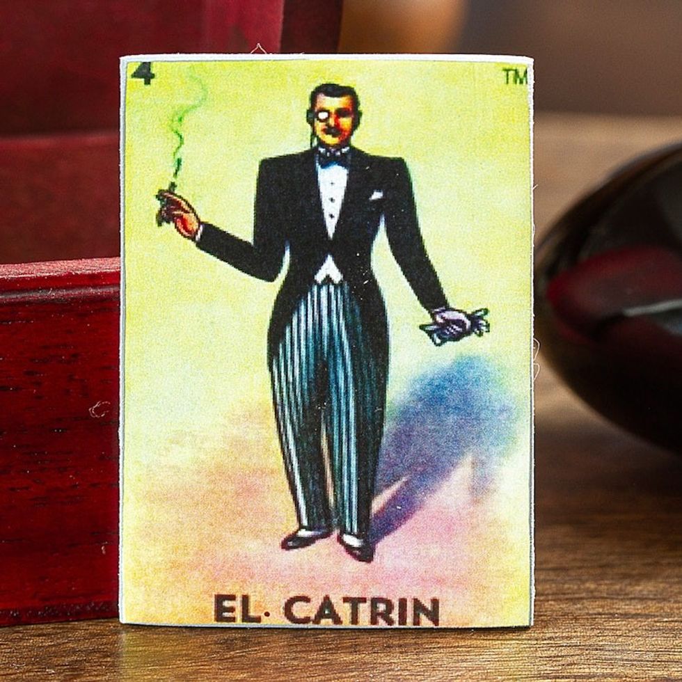 Decoupage Wooden Magnet With Mexican Loteria Card Motif 'The Catrin'