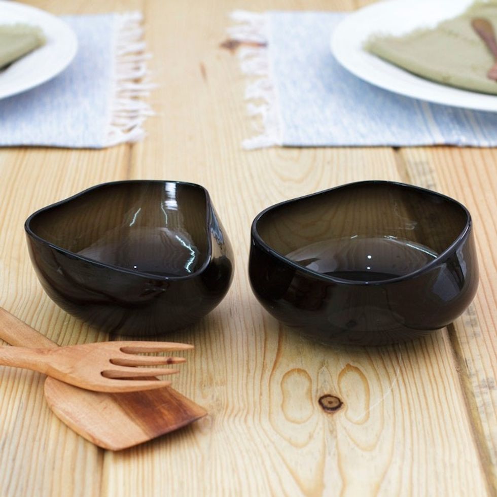 Pair of Black Handblown Glass Dessert Bowls from Mexico 'Dark Flavors'