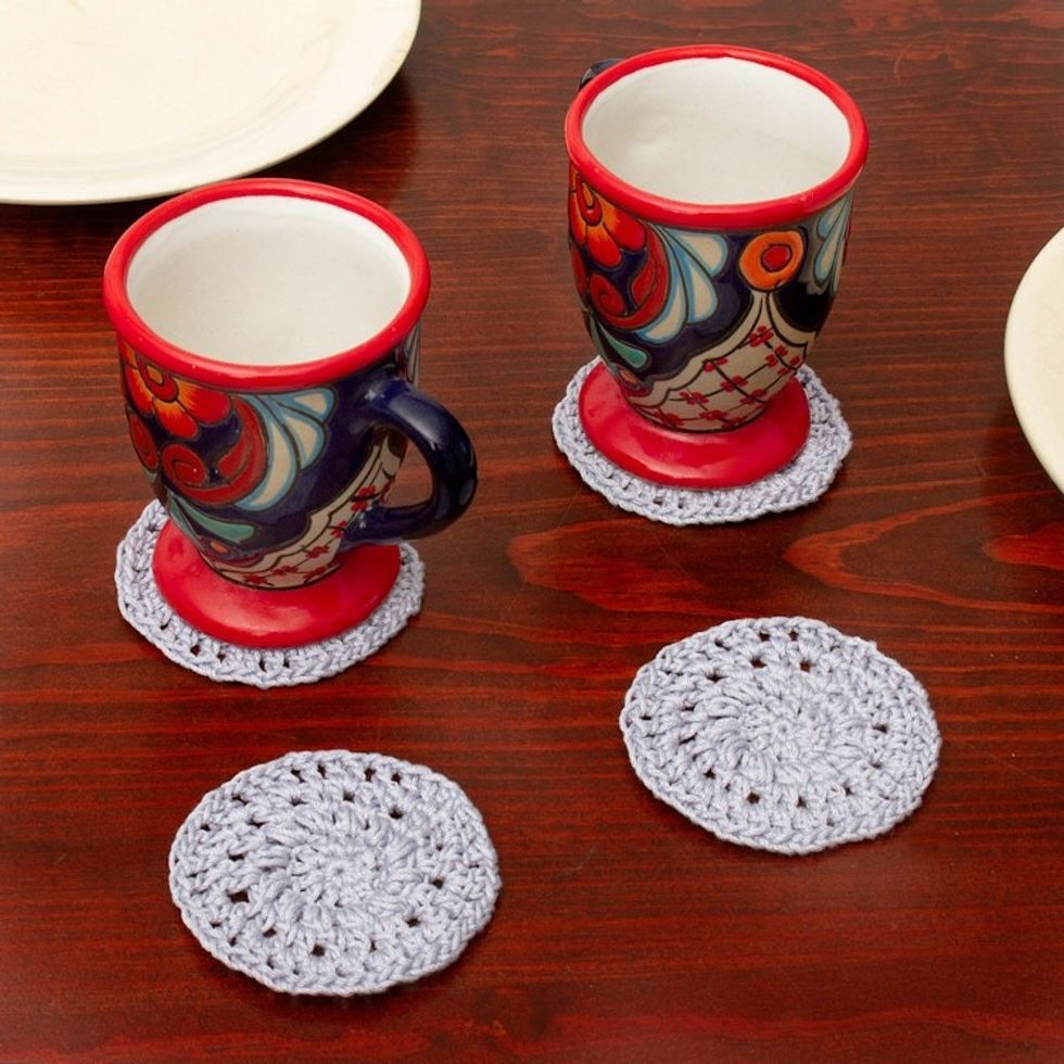 Set of 4 Handmade Light Blue-Grey Crocheted Coasters 'Light Blue-Grey Pinwheel'