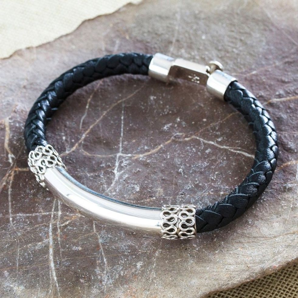 Men's Classic Leather and Sterling Silver Pendant Bracelet 'Today's Gallantry'