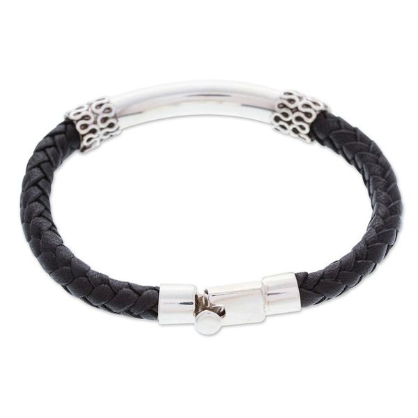 Alternate image for Mens Classic Leather and Sterling Silver Pendant Bracelet Todays Gallantry