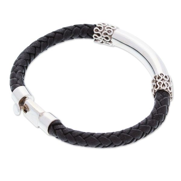 Alternate image for Mens Classic Leather and Sterling Silver Pendant Bracelet Todays Gallantry
