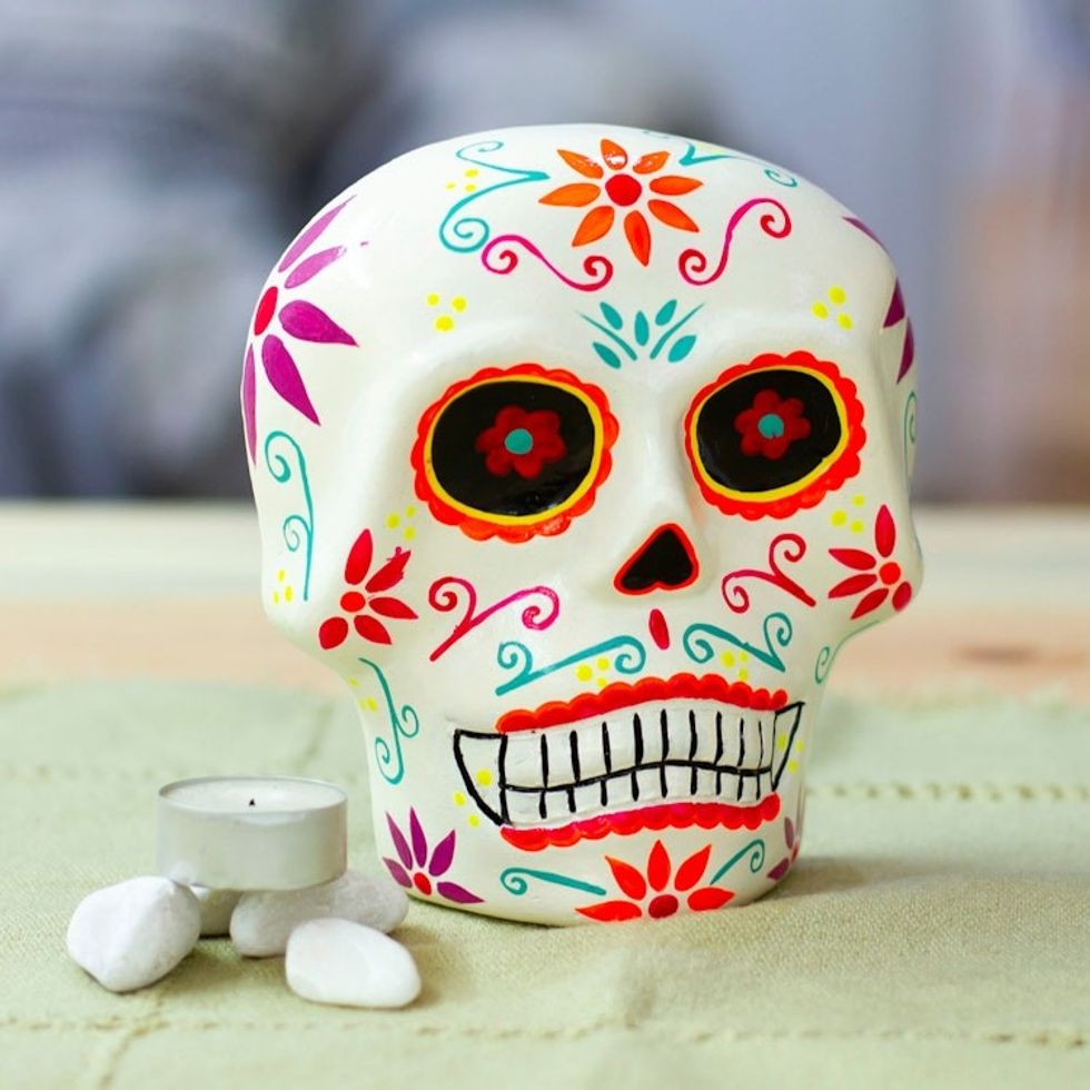 Hand-Painted Floral Day of the Dead Skull Ceramic Wall Art 'Face of the Underworld'