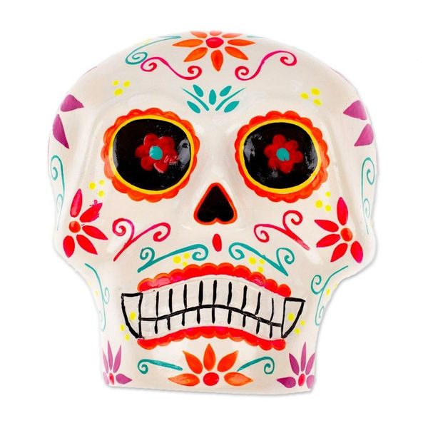 Alternate image for Hand-Painted Floral Day of the Dead Skull Ceramic Wall Art Face of the Underworld