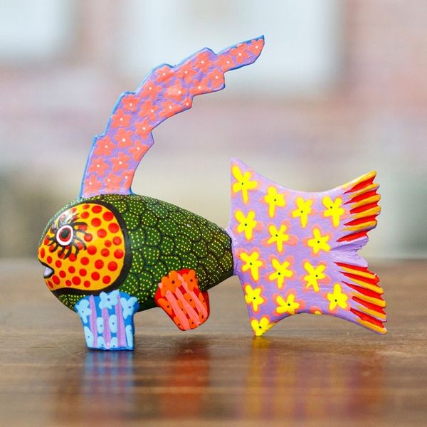 Alternate image for Hand-Painted Wood Fish Alebrije Figurine in Green and Purple Petite Fish in Green