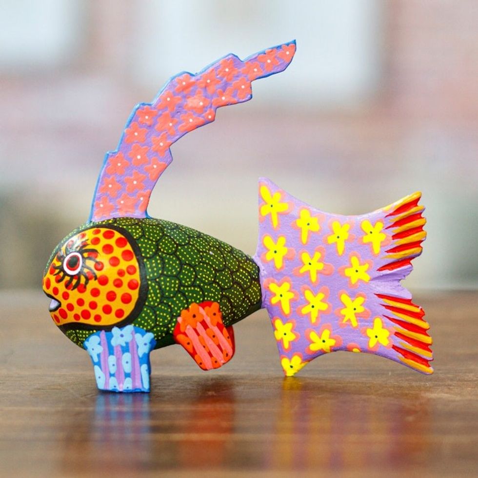 Hand-Painted Wood Fish Alebrije Figurine in Green and Purple 'Petite Fish in Green'