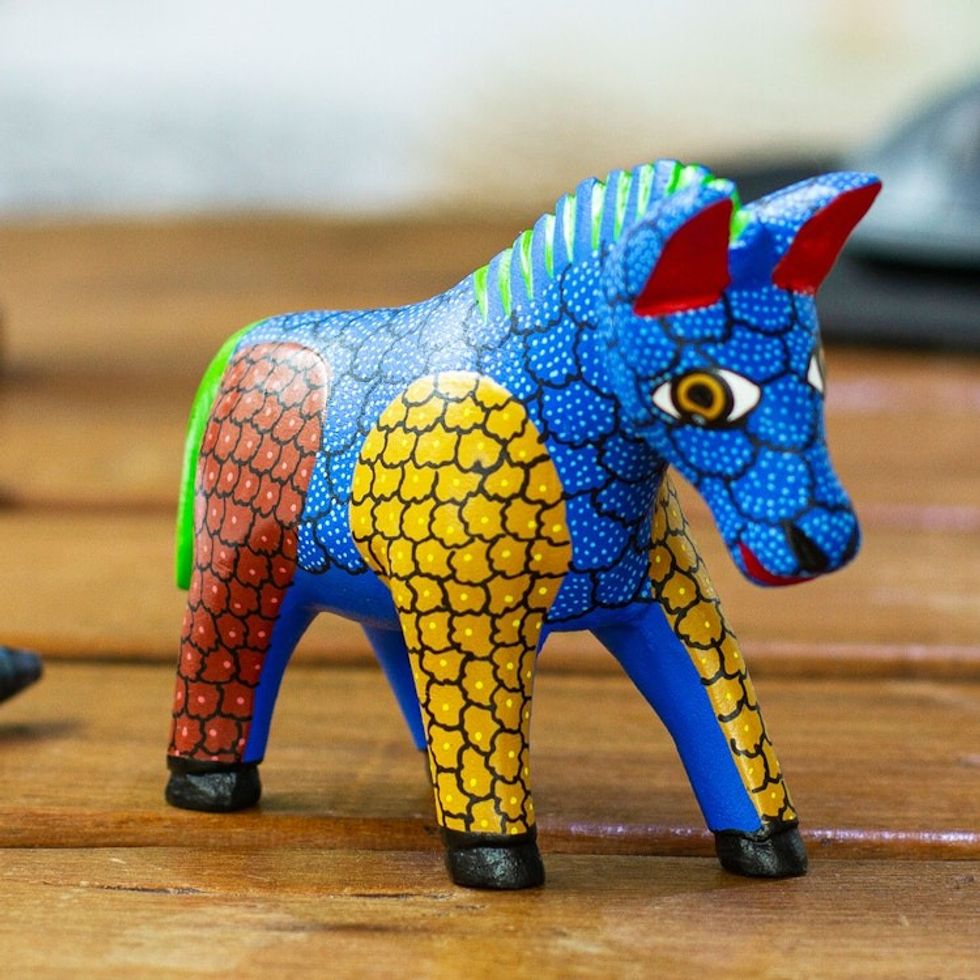 Hand-Carved and Hand-Painted Wood Donkey Alebrije Figurine 'Charming Donkey'