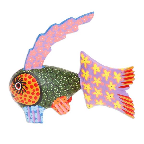 Alternate image for Hand-Painted Wood Fish Alebrije Figurine in Green and Purple Petite Fish in Green