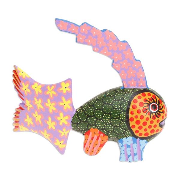 Alternate image for Hand-Painted Wood Fish Alebrije Figurine in Green and Purple Petite Fish in Green