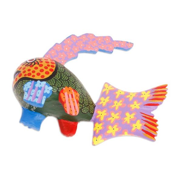 Alternate image for Hand-Painted Wood Fish Alebrije Figurine in Green and Purple Petite Fish in Green